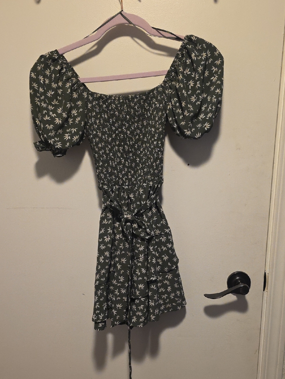 Teen Olive Green Puff Sleeve Smocked Romper 007